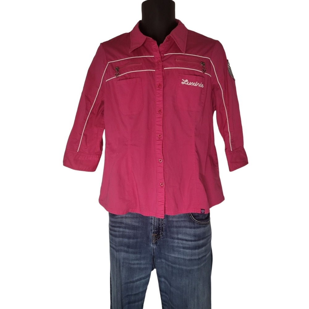 Luxirie‎ by LRG Womens XL Pink Button Down Shirt Contrast Stitch Y2K McBling Top